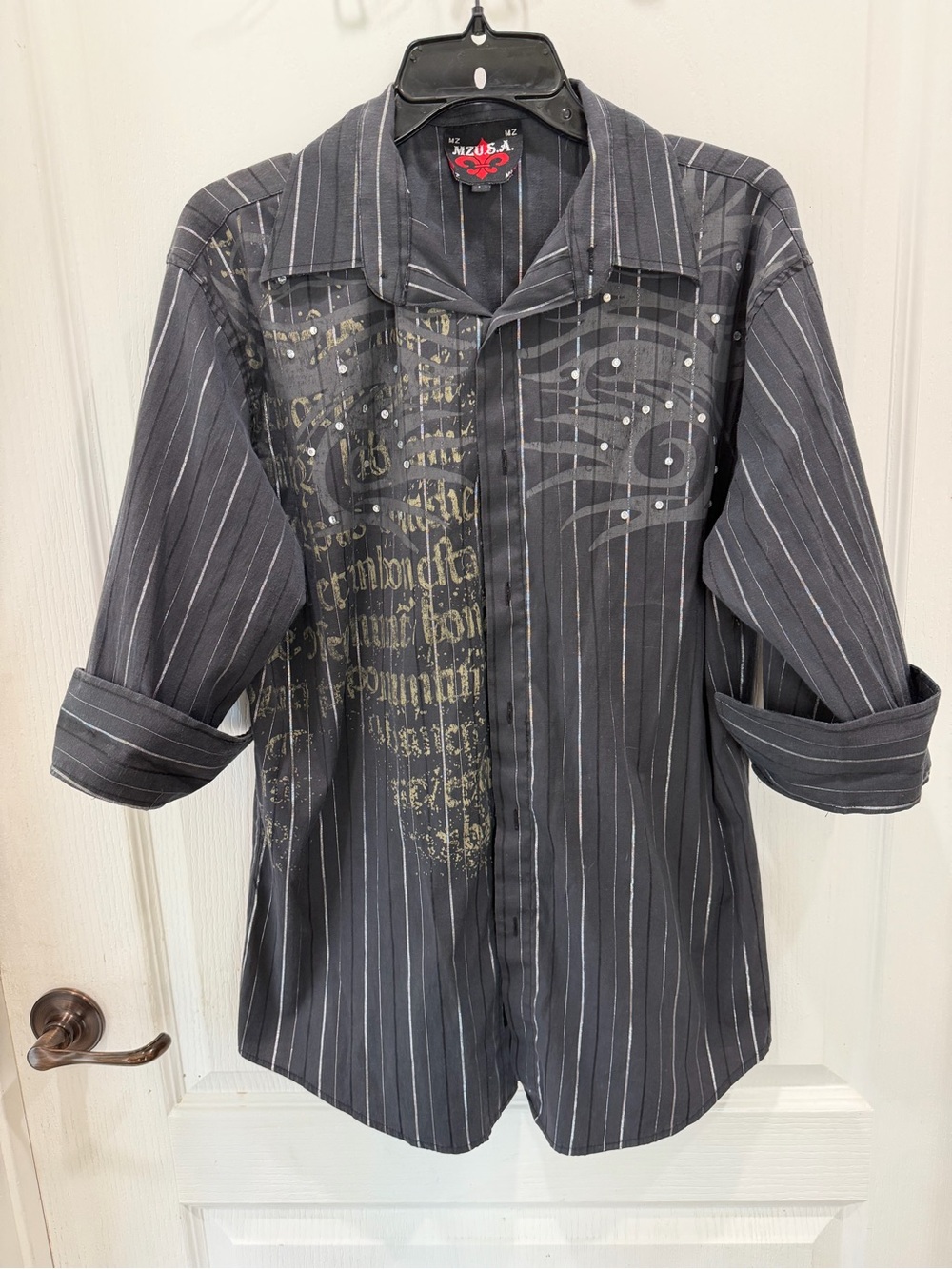 Men's Black Pinstripe Graphic Button-Up Shirt Jacket